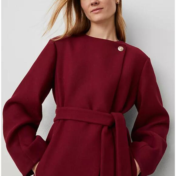 Ann Taylor NWOT Tie Waist Coat Wool Deep Red Wine Burgundy - Picture 6 of 6